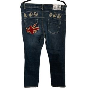 Diamond Cut Cropped Jeans London Patches on Back Size Large See Measurements